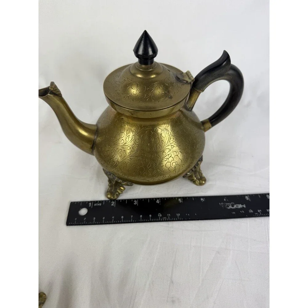 Vintage Brass Tea Set Teapot Creamer Sugar Bowl Detailed Floral Etching